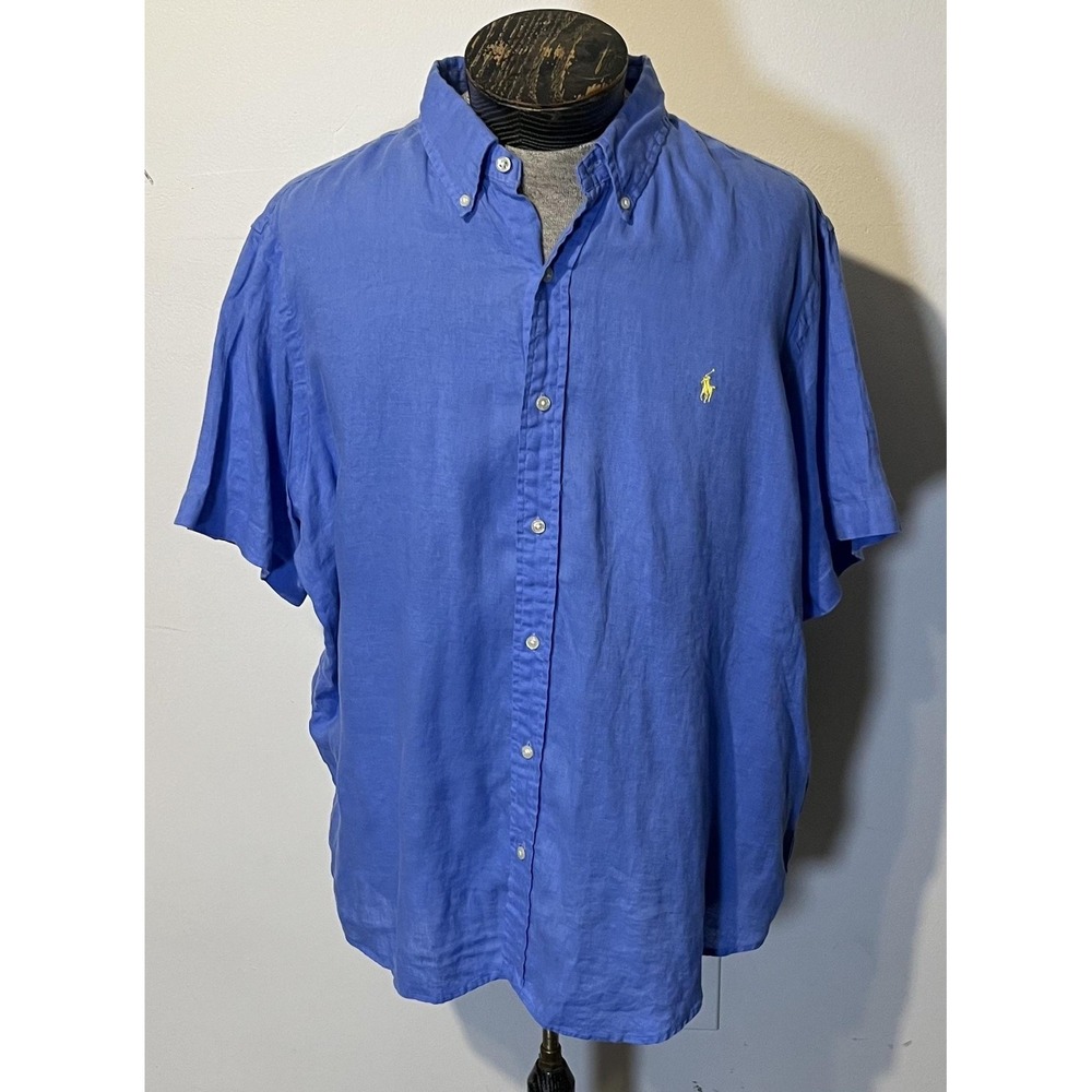 Ralph Lauren Shirt Mens 2XL Blue 100% Linen Classic Fit Button Down Short Sleeve